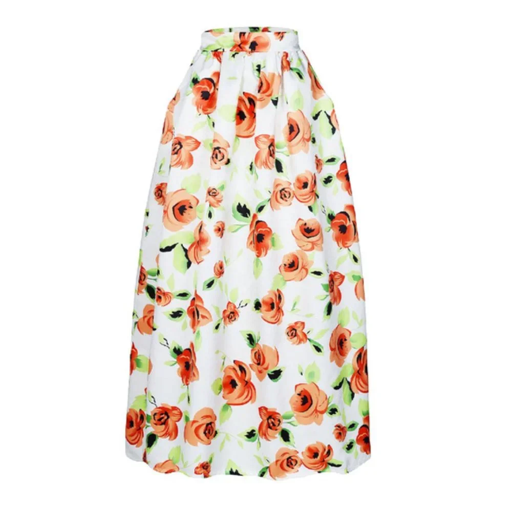 White Orange Flower African Print Floral Maxi Skirt Women's Size XL - Picture 9 of 9